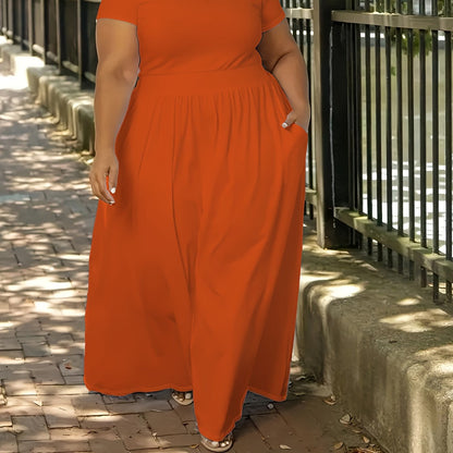 Stretchy solid maxi dress for plus size women with short sleeves