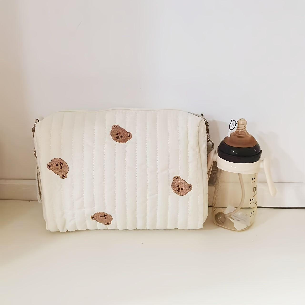 Bear Mommy Bag, a Multifunctional Quilted Stroller Hanging Bag with Cute Embroidery, made from Cotton and offers Portable Storage Solution.