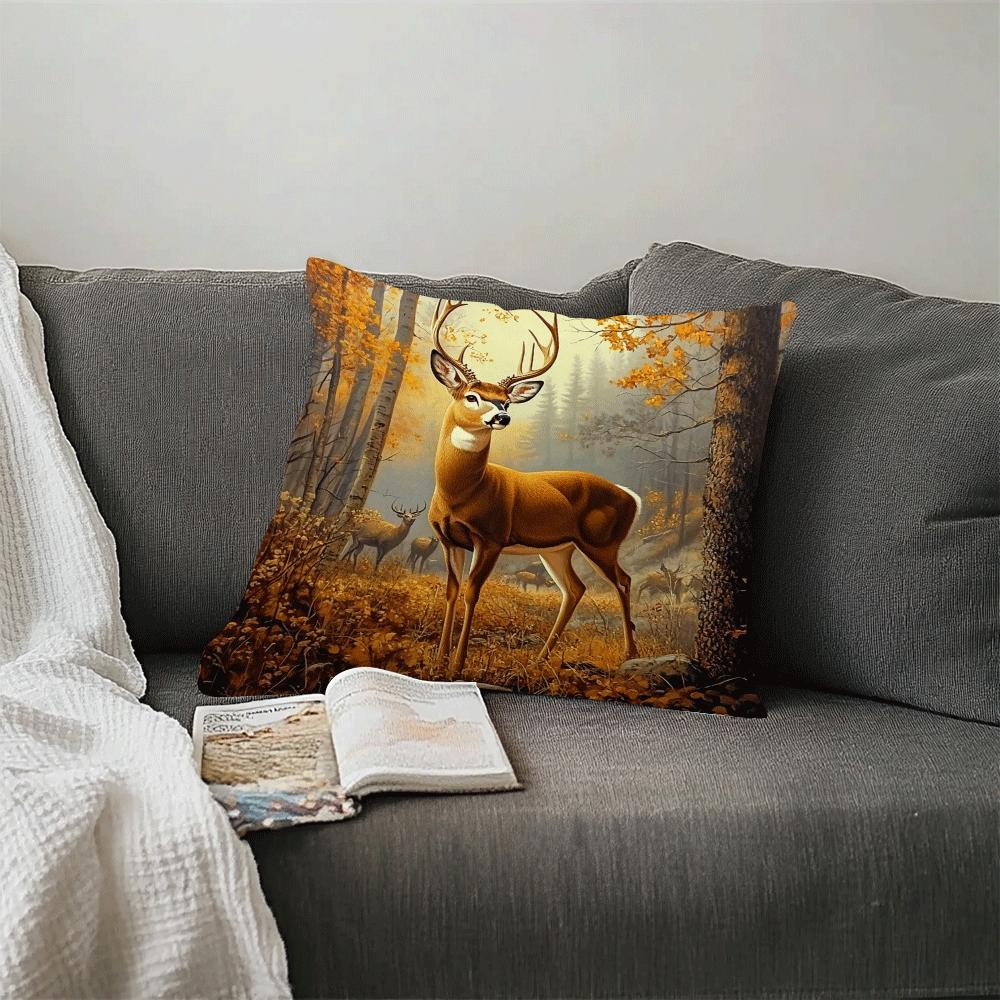 1 piece of stylish autumn elk forest scene cushion cover made of polyester. Features machine washable fabric, zipper closure, and is suitable for all seasons. Perfect for home decor and use by multi-position sleepers. Measures 45.01cm. *Cushion not