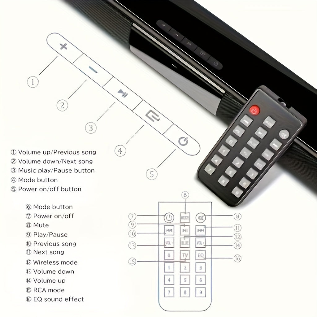 Wireless soundbar with built-in subwoofers and stereo speakers for use with computers, smartphones, and tablets, featuring button control and USB charging.