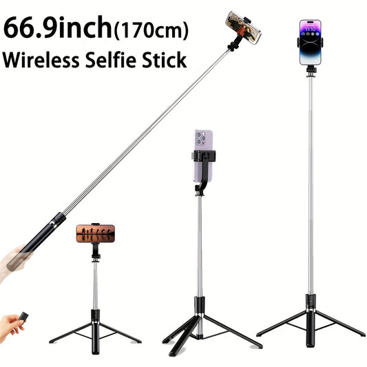 Extendable wireless selfie stick with remote, foldable phone tripod for smartphones with non-rechargeable button battery.