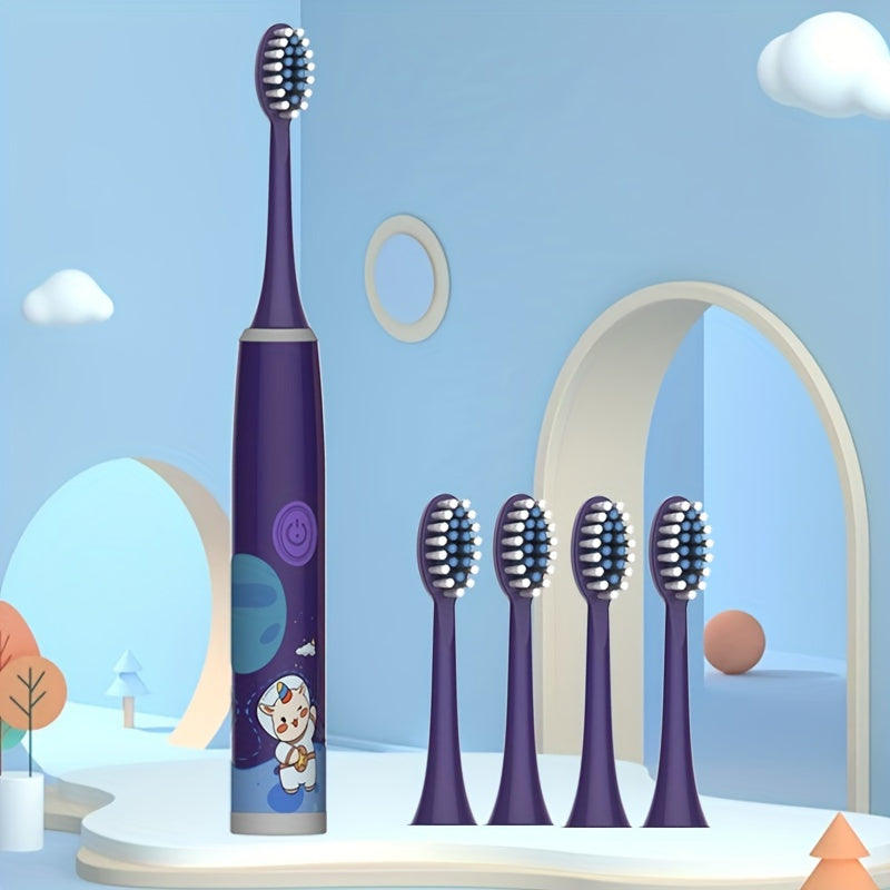 Children's Electric Toothbrush with 5 replacement brush heads in various colors. Suitable for kids aged 3-15, features soft bristles for gum protection and oral health care. Stylish