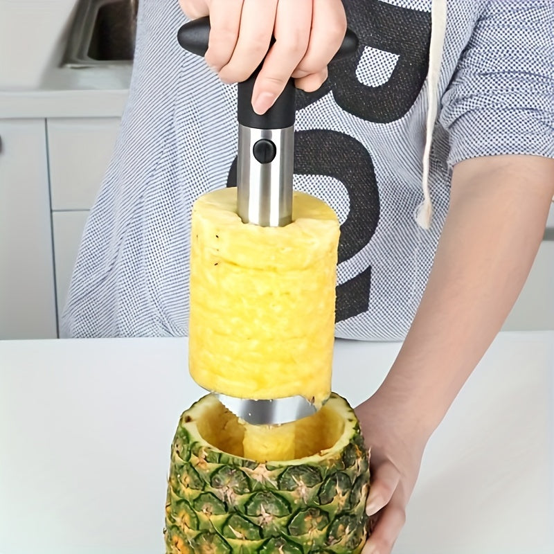 Effortlessly remove and slice pineapple with the 1pc Stainless Steel Pineapple Corer and Slicer, a simple kitchen tool that is easy to use.