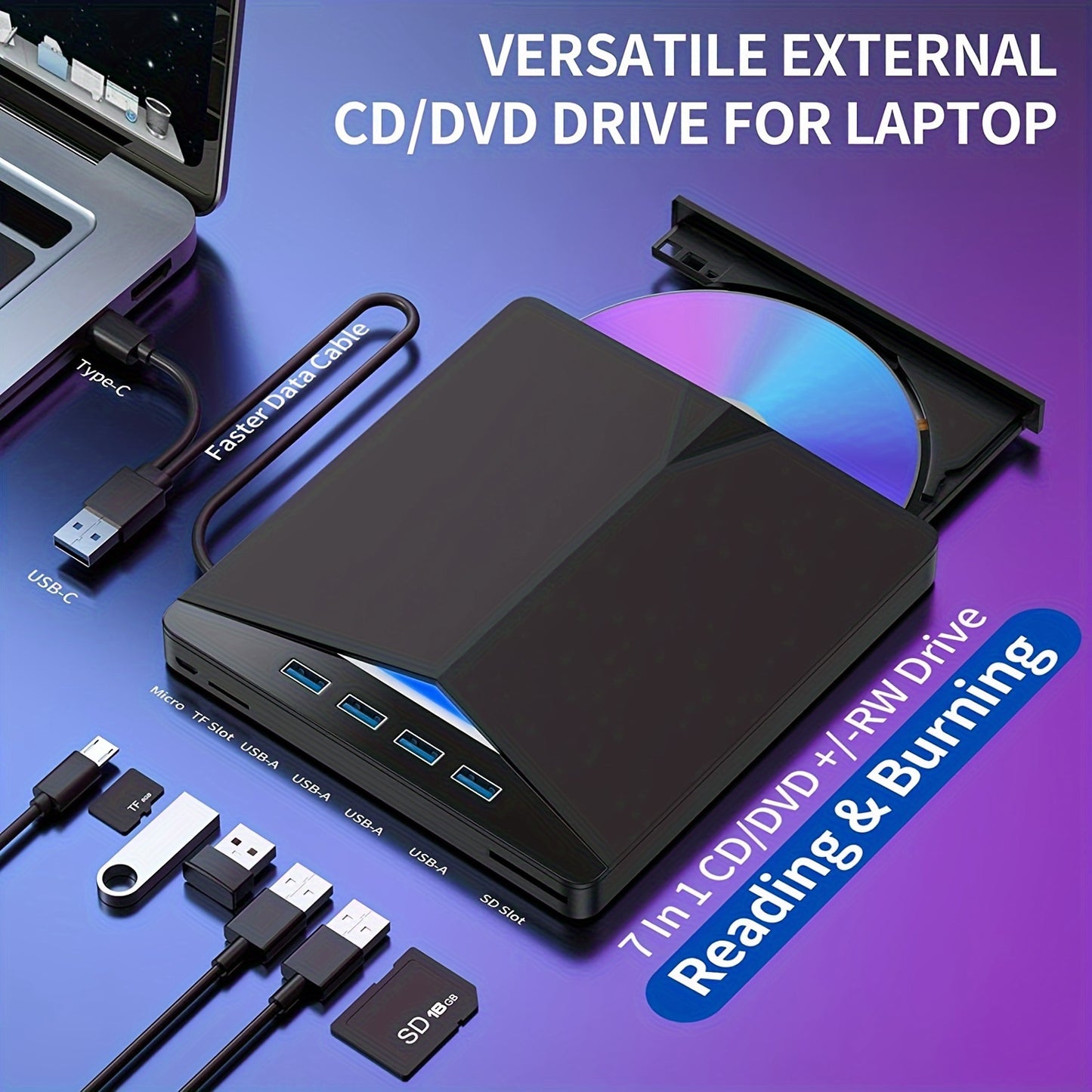 Portable DVD Drive with USB ports, card readers, and high-speed USB 3.0 for laptops and PCs - perfect for movies, music, games, and data transfer.