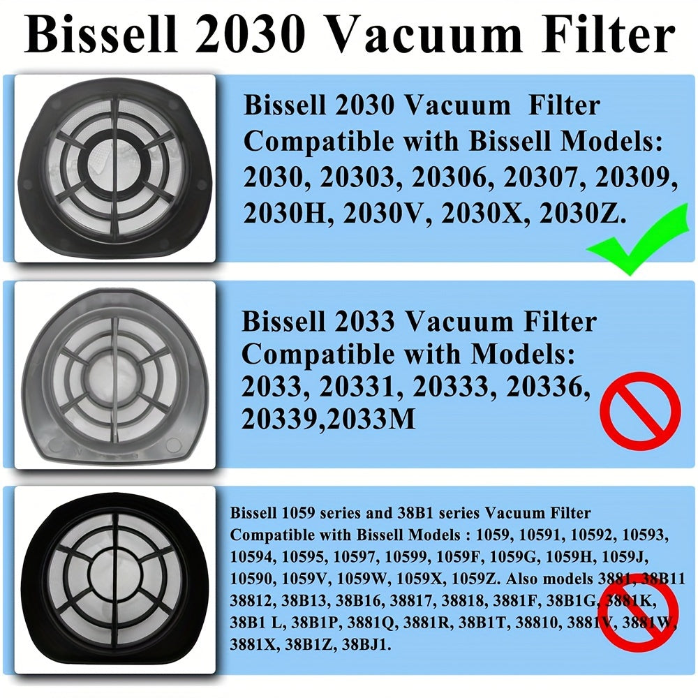 Get a 4-pack of Bissell 2030 vacuum filters and 4 replacement foam filters for various Bissell vacuum cleaner models including 2030, 2030L, 20303, 20306, 20307, 20309, 2030H, 2030V, 2030X, and 2030Z.