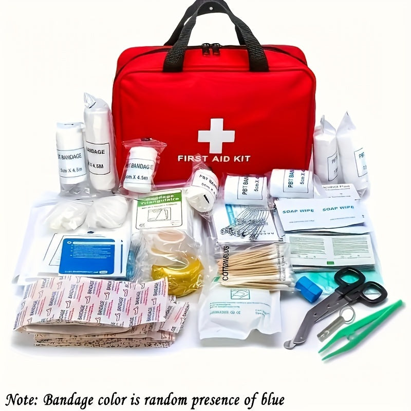 First aid kit with scissors and tweezers, portable and durable, available in 2 sizes, in red, for home, car, camping, and hiking.