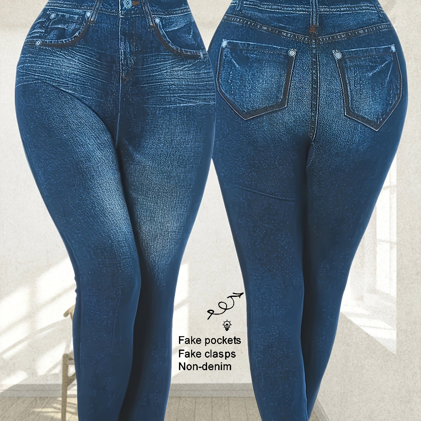 Stretch denim-look leggings for plus size women with high elasticity, faux pockets, and smooth fabric. Perfect for vacations and everyday wear.