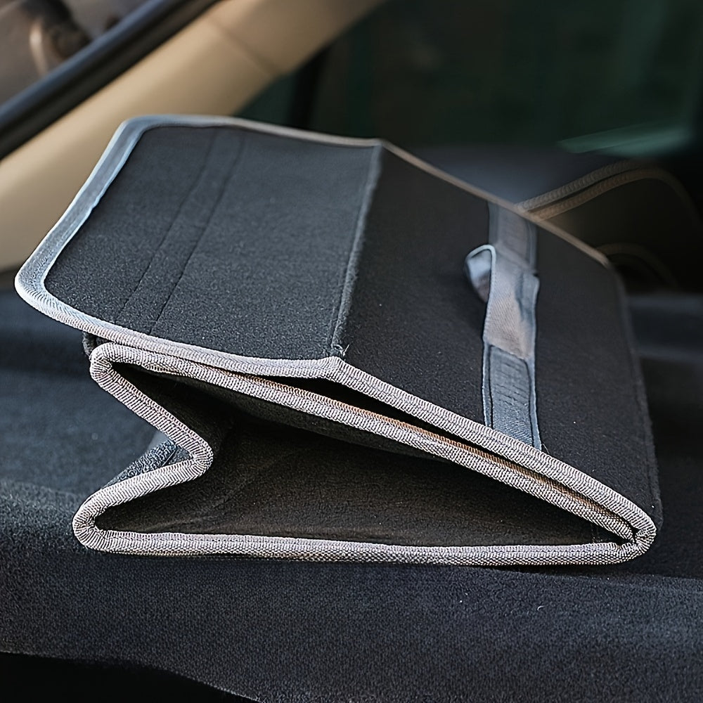 Folding storage box for car interior in black and grey, featuring hook-and-loop fastener for easy installation.