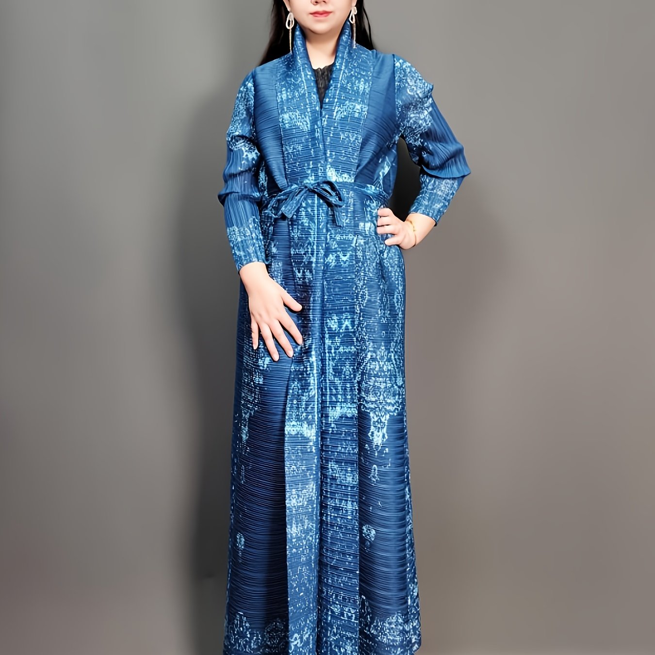 Stylish Blue & Black Floral Print Maxi Kaftan Dress - High stretch, pleated craftsmanship, long sleeve with tie waist for women, ideal for Ramadan & all seasons