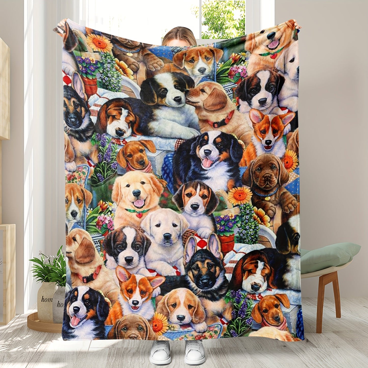 Stay stylish all year round with our Mid-Century inspired Dog Print Flannel Throw Blanket. This versatile piece is perfect for adding a touch of animal theme to your bed or sofa decor. Take it with you on your camping trips or travels for a lightweight