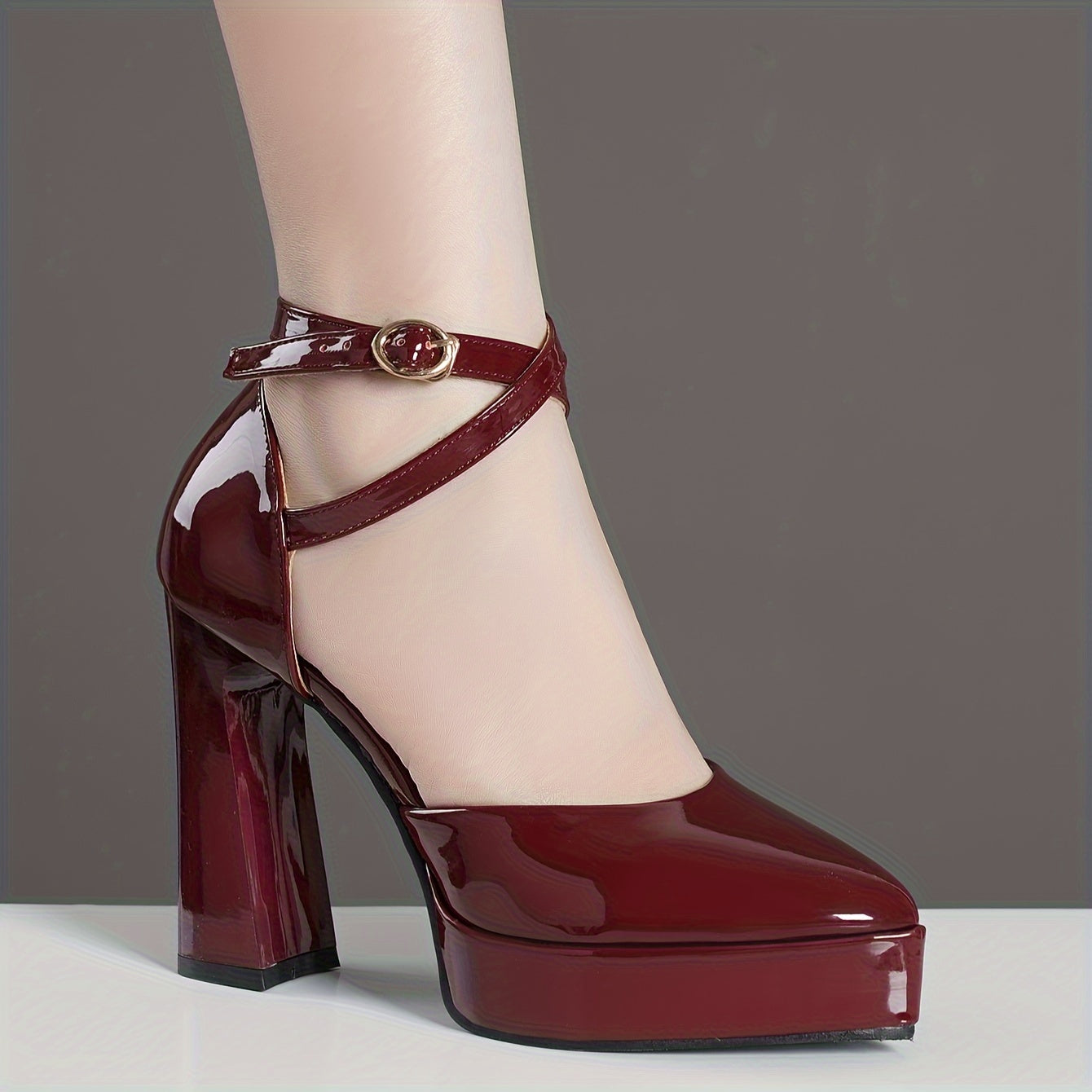 Women's Red Block Heel Pumps with Golden-Tone Buckle Strap - Elegant High Heels for Fall