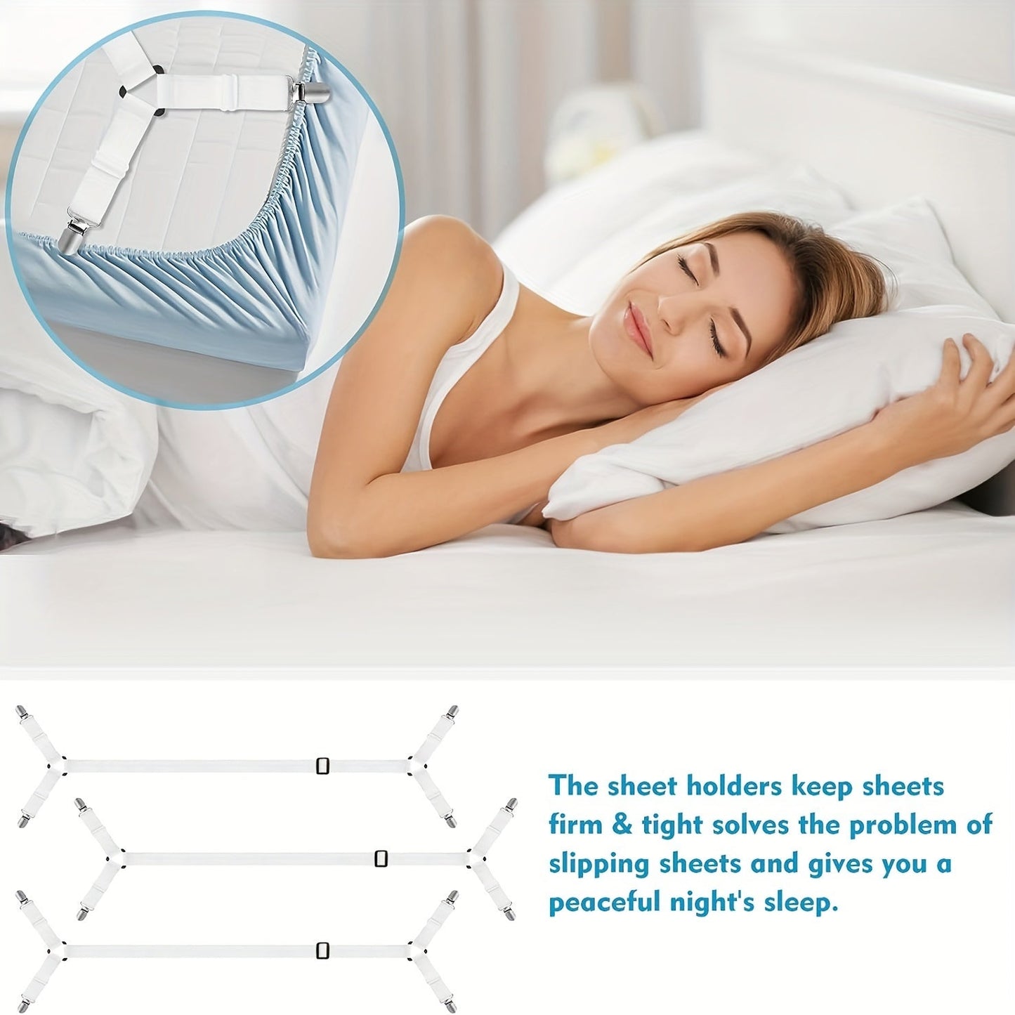 Keep your fitted bed sheets in place with these 3 set of adjustable crisscross bed sheet holder straps. The elastic bands suspenders are perfect for twin, queen, and king mattresses, ensuring your sheet stays secure. Say goodbye to loose sheets with