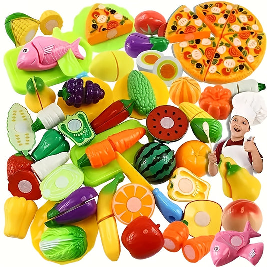 Fun food cutting toy set to develop basic skills and simulate cutting fruits and vegetables.