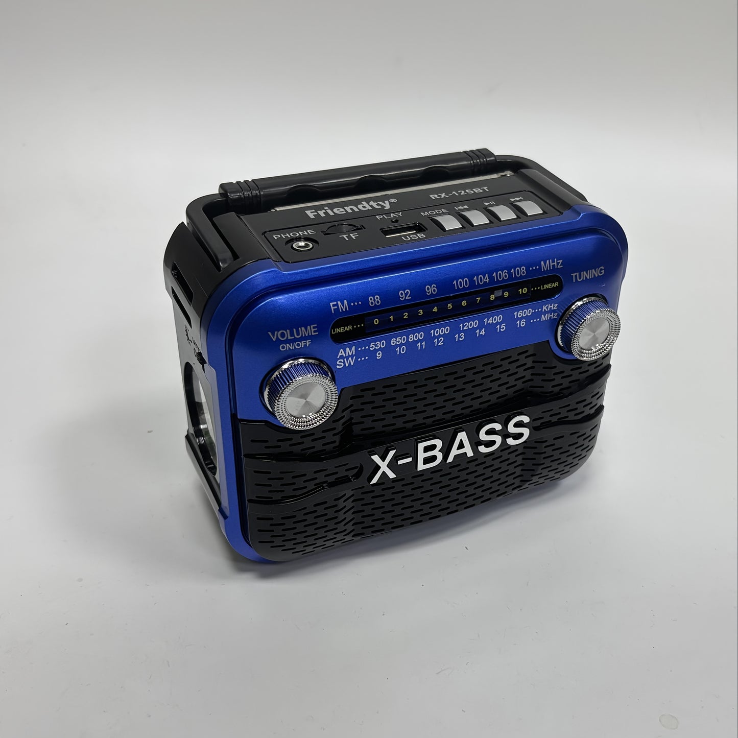 X-BASS Portable FM Radio with Flashlight - Rechargeable battery, multi-band, USB/TF/BT playback, 2-4 hour playtime, red & black, indoor/outdoor use.