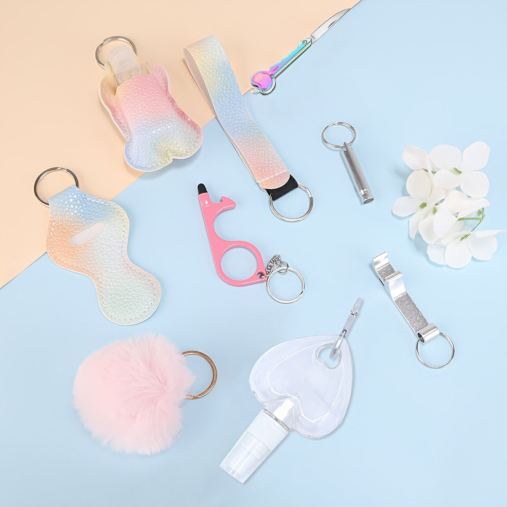 A set of 10 self-defense items for women, including a window breaker, spray bottle, lipstick holder, and other accessories. Perfect for birthday gifts for moms and women.