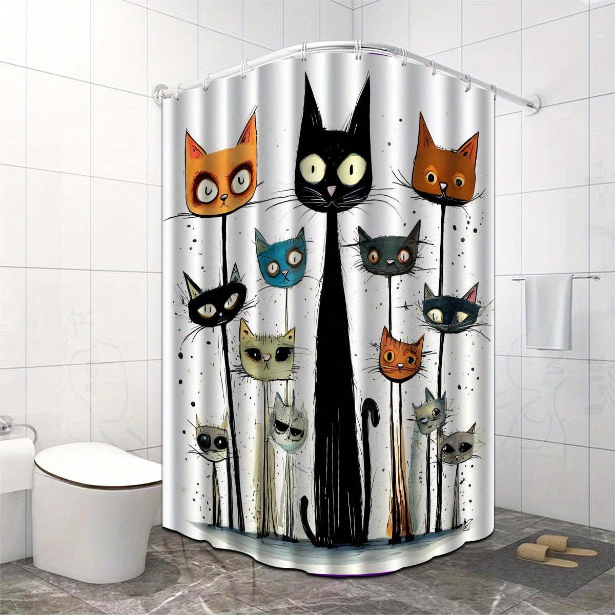 Water-resistant WhimsyCat shower curtain with artsy kitten design and hooks, machine washable and elegant for year-round bathroom decor.