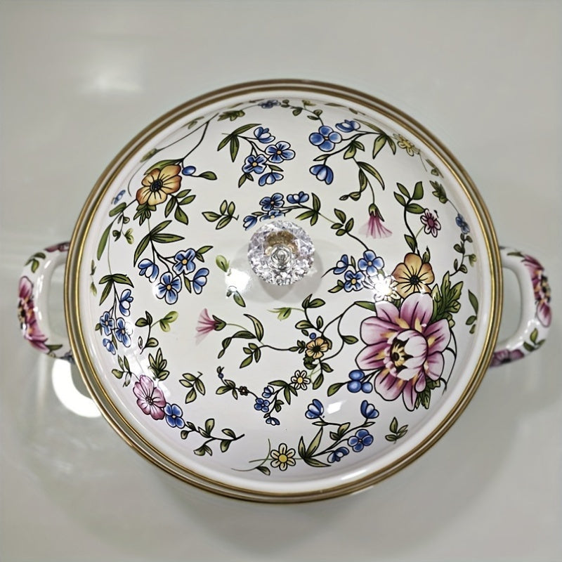 Enamel Stockpot with Lid, Floral Design and Double Handle Cooking Pot for Home Kitchen Soup, Stew, and Casseroles.