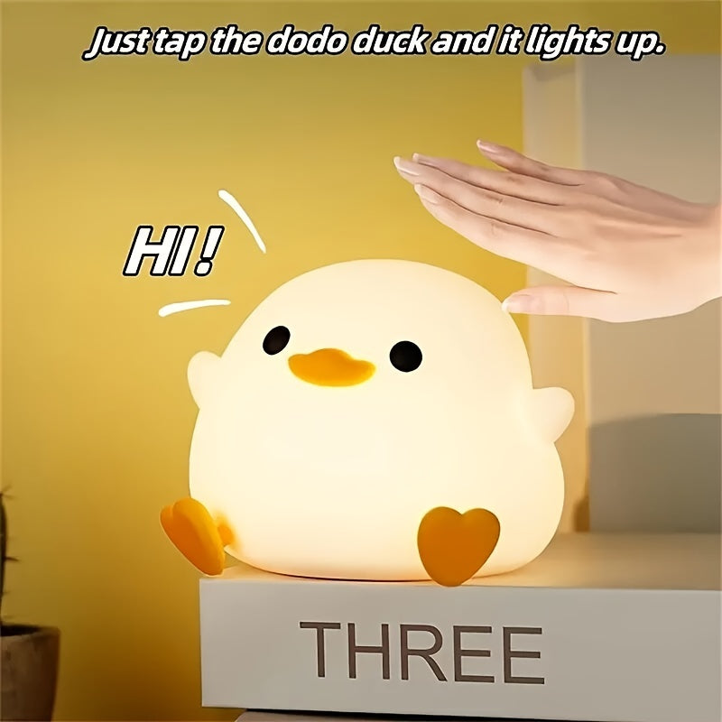 Soft light eye protection silicone night light in the shape of a duck, with 7-color tap light feature. This small table lamp is perfect for use in the bedroom or while breastfeeding. Requires 3 AAA batteries (not included).