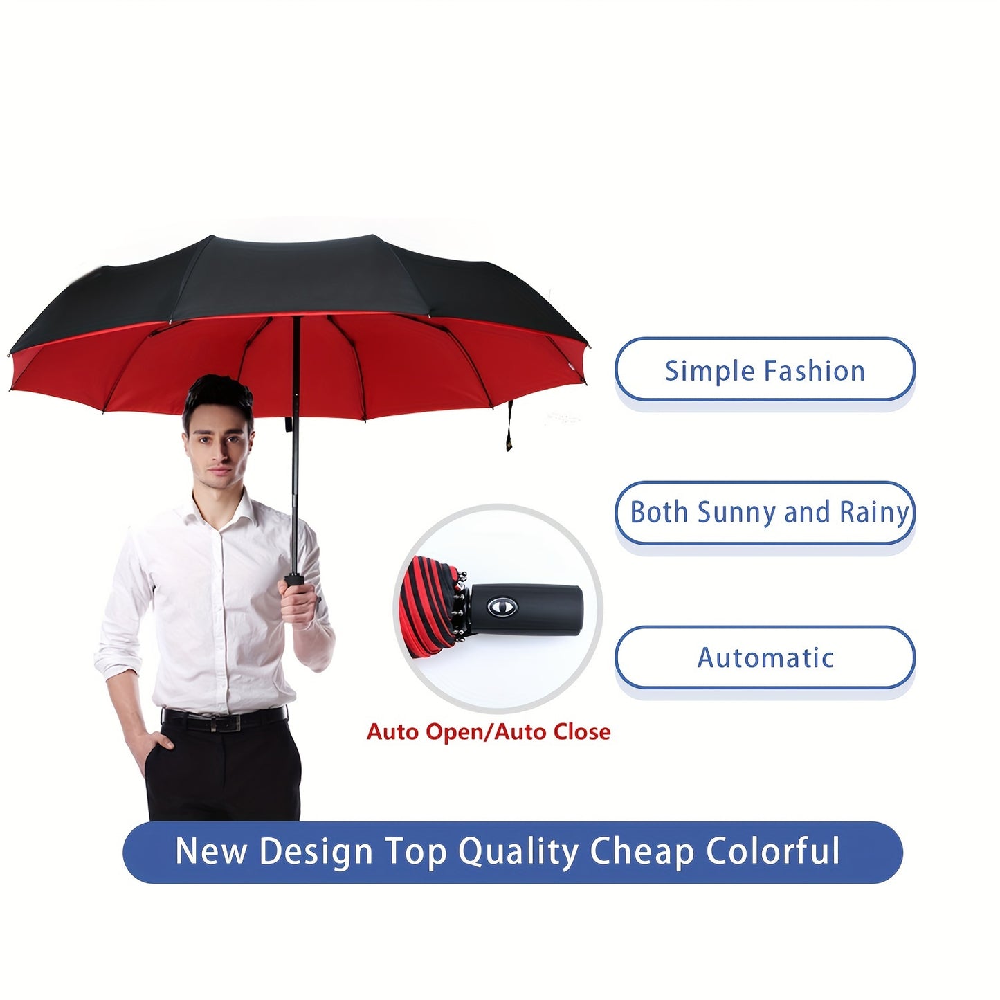 Stylish automatic umbrella with 10 ribs, windproof and UV protected, ideal for both sunny and rainy weather.