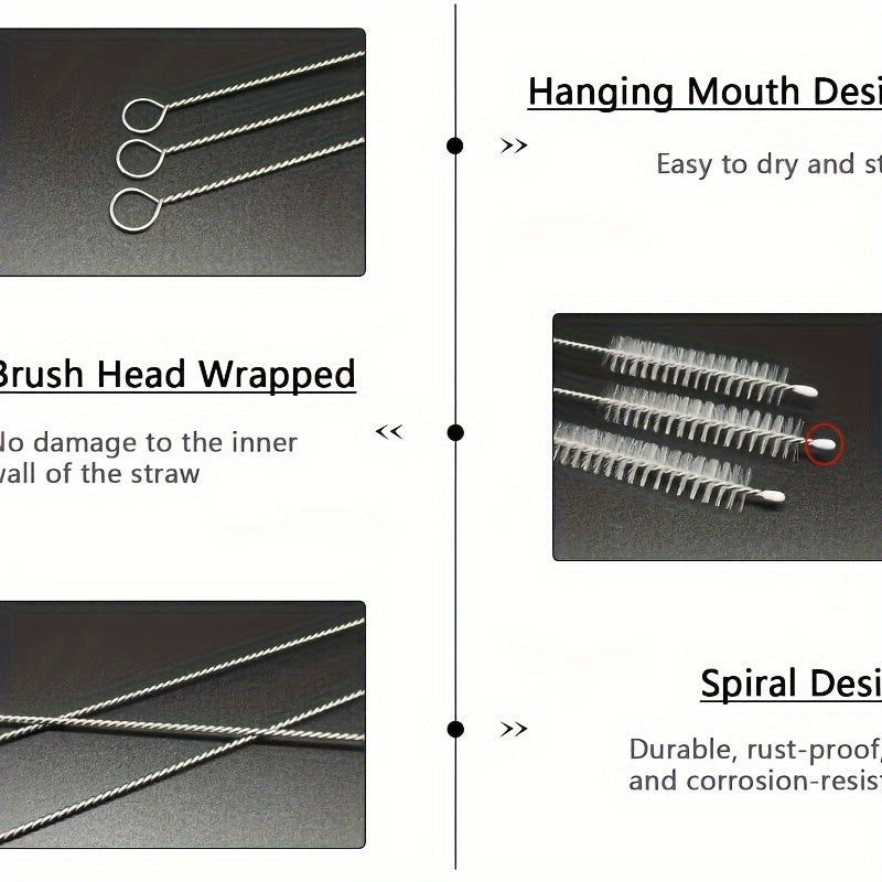 10 stainless steel handle soft bristle straw brushes for cleaning various items such as teapots, cups, and test tubes.