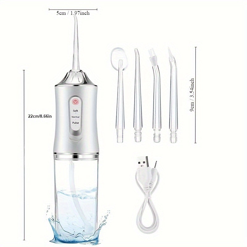 Portable water flosser with rechargeable battery, USB charging, 3 modes, 4 nozzles, plastic material for deep cleaning teeth.