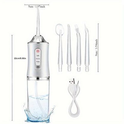 Portable water flosser with rechargeable battery, USB charging, 3 modes, 4 nozzles, plastic material for deep cleaning teeth.