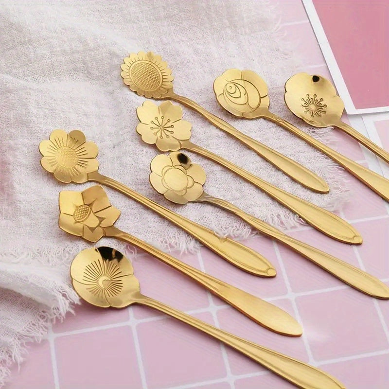 Set of 8 adorable flower-shaped spoons - Ideal for use with tea, coffee, ice cream, and desserts - Made from stainless steel with a luxurious golden and silver coating - Enhance your kitchen decor with these stylish accessories, perfect for a