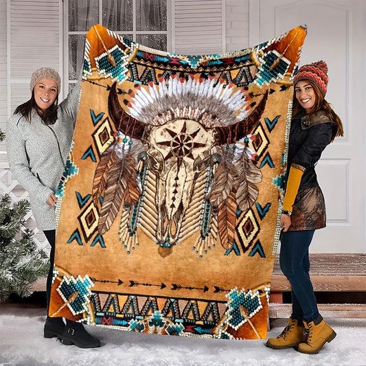 Beautiful Vintage Native American Totem Print Flannel Throw Blanket - Reversible All-Season Wrap with Stain Resistance & Versatile Uses, Easy Care Machine Wash Polyester Bedspread - Perfect for Camping or Cozy Naps