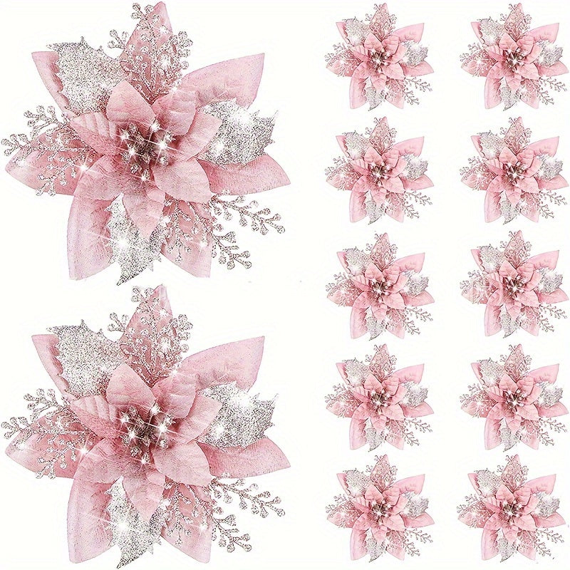 10 pieces per bag of golden pink decorative flowers for Christmas tree and party decor.