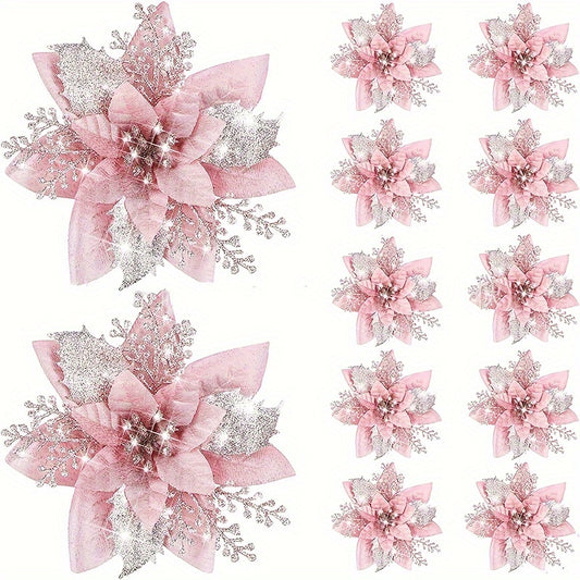 10 pieces per bag of golden pink decorative flowers for Christmas tree and party decor.