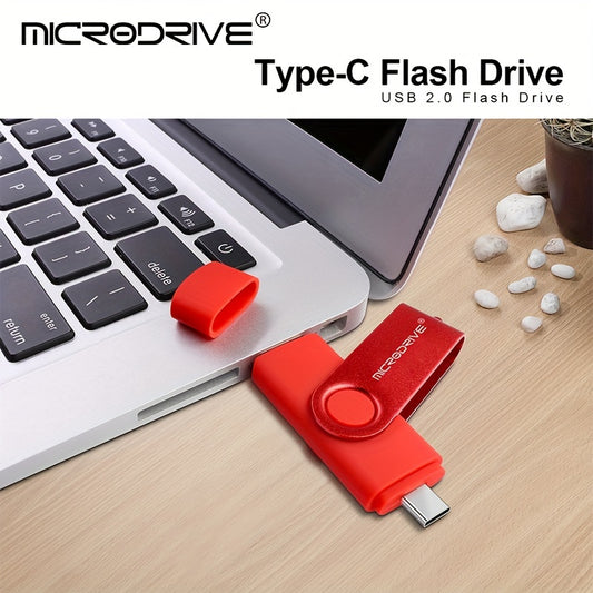 MiCRODRIVE USB 2.0 Pen Drive in 4GB, 8GB, 16GB, 32GB, 64GB, and 128GB capacities, with a 360 rotating metal design and Type-C compatibility for Android devices. Available in black, blue