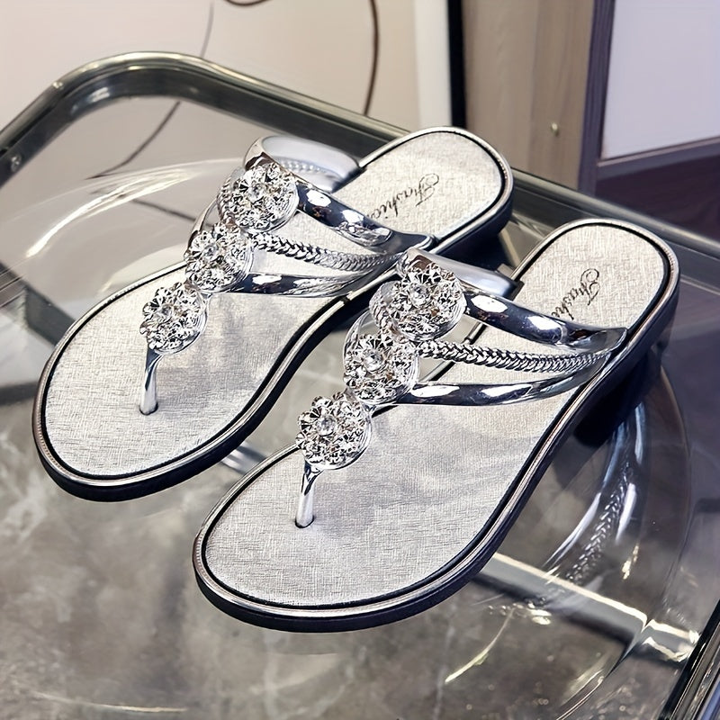 Diamond wedge flip flops for women with rhinestone details