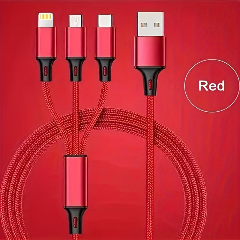 1.2M Nylon Braided Fast Charging Multi-function 3-in-1 Cable for IP/Type-C/Micro-USB, Compatible with Mobile Phones and Tablets