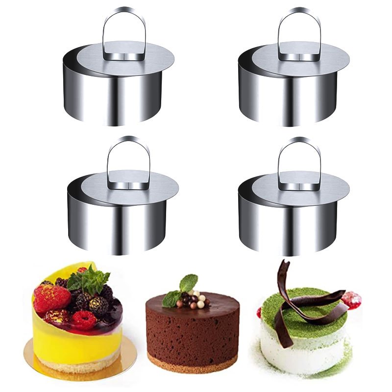 Round Cake Mold Set includes 2, 4, or 8 pieces made of stainless steel. Perfect for creating mousse cakes with an 8.0 cm diameter cake ring.