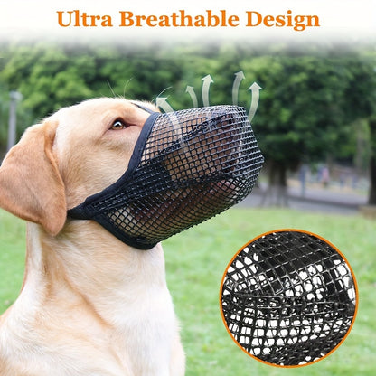 Breathable and adjustable black mesh dog muzzle for small to large breeds. XS-XL sizes prevent biting and chewing.