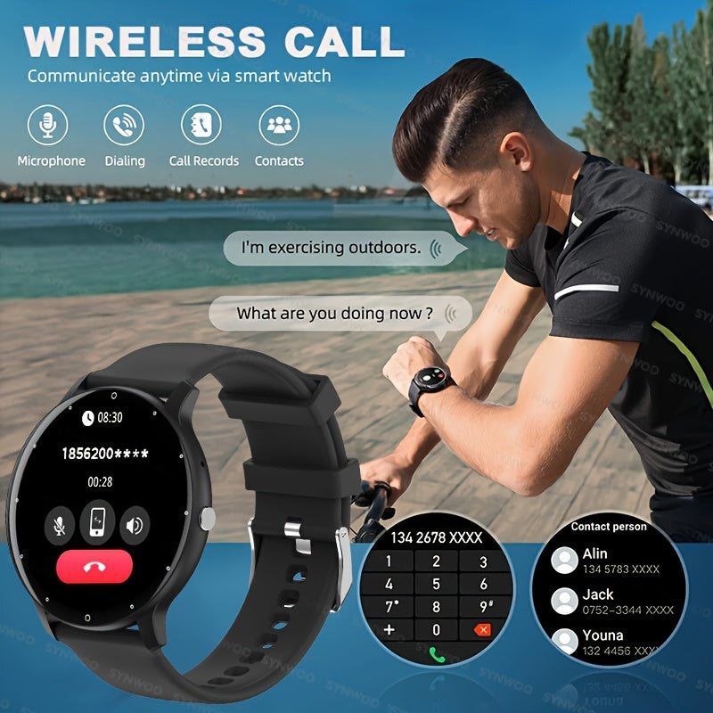 Stay connected with the Synwoo Smart Watch, designed for both men and women. This sleek watch features a 3.25cm full touch screen, digital display, and round dial. Stay active with the motion tracker and never miss a beat with the alarm clock, weather