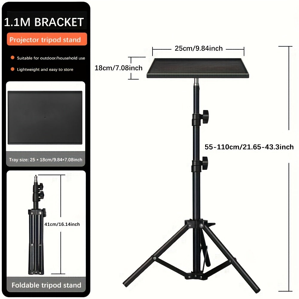 Adjustable projector stand with tray for desktop or floor use, compatible with most projectors and cameras, foldable for easy storage.