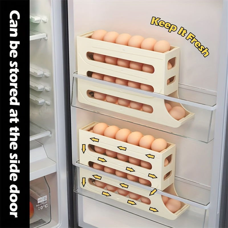 Refrigerator egg storage box with automatic rolling rack and large capacity for eggs, made of ABS material.