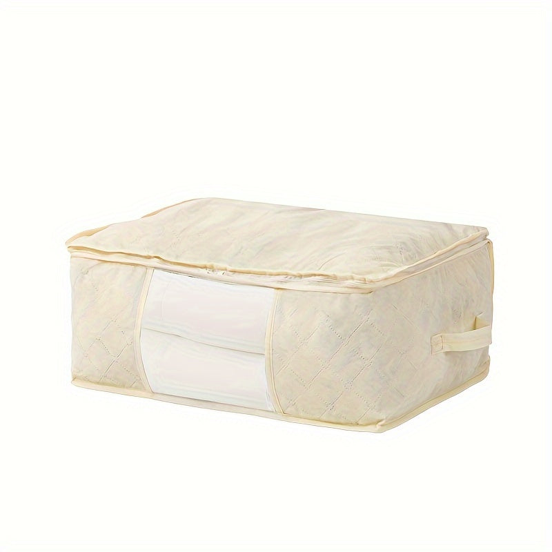 Clear-windowed fabric storage bins, stackable wardrobe organizers that are dustproof and foldable. These clothing storage boxes are sealed closet organizers for adult and teen apparel, ideal for home organization and as holiday gifts.