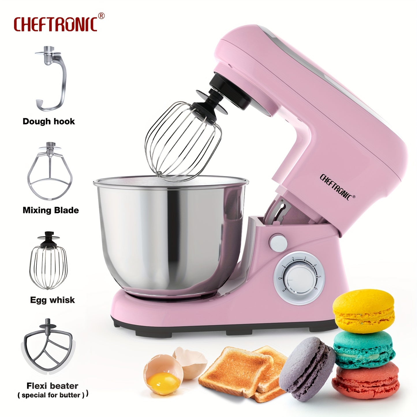 CHEFTRONIC 5.5QT Stand Mixer - 1300W 6-tezlikli Tilt-Head Oshxona Elektr Mikseri, Xamir Qopqog'i, Tuxum Qamchisi, Aralashtirish Pichog'i va Qamchi bilan - Pishirish va Ovqat Tayyorlash uchun Ideal, Metall+Plastik Tanasi.