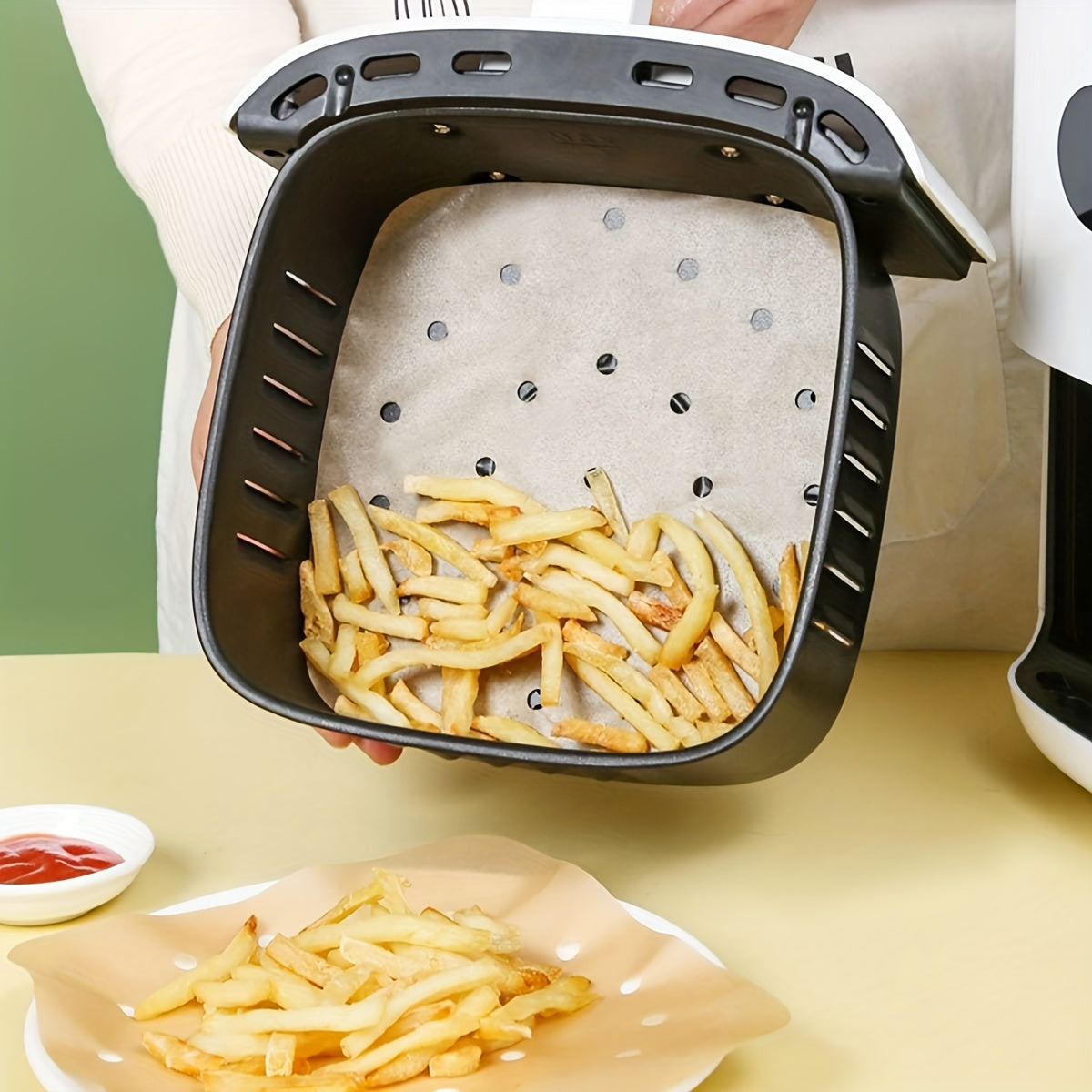 Get a pack of 50 or 100 disposable air fryer liners with holes, available in two sizes (16.99cm and 19.0cm). These air fryer parchment papers are perfect for your oven accessories, baking tools, kitchen gadgets, and other home kitchen items.