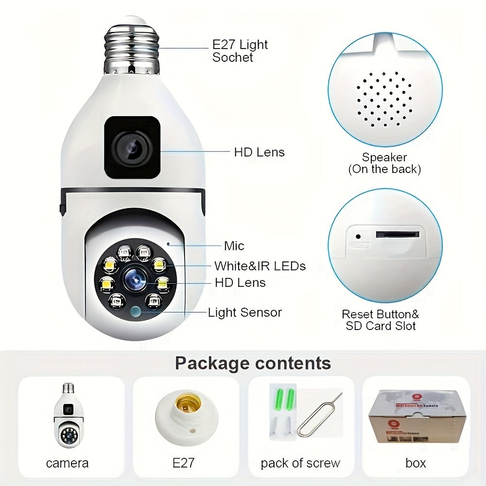 New: "Introducing the 1pc Panoramic Light Bulb Security Camera with Dual Camera technology. This E27 WiFi camera is perfect for home and outdoor surveillance, compatible with smartphones and featuring smart motion detection and two-way audio