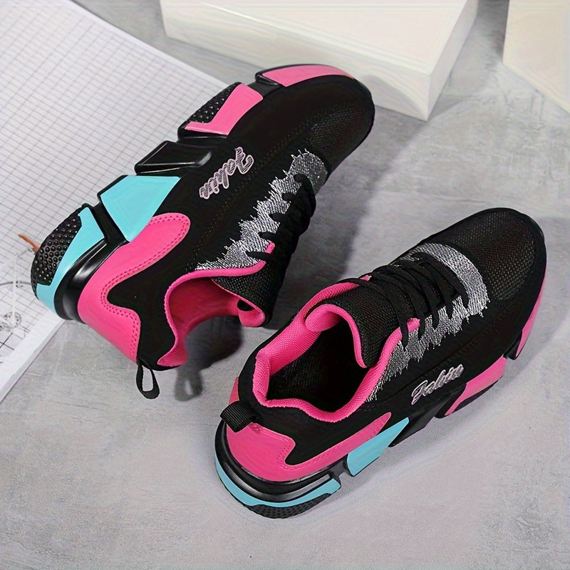 Women's Colorblock Sports Shoes: Casual lace-up sneakers for running and walking with breathable design.