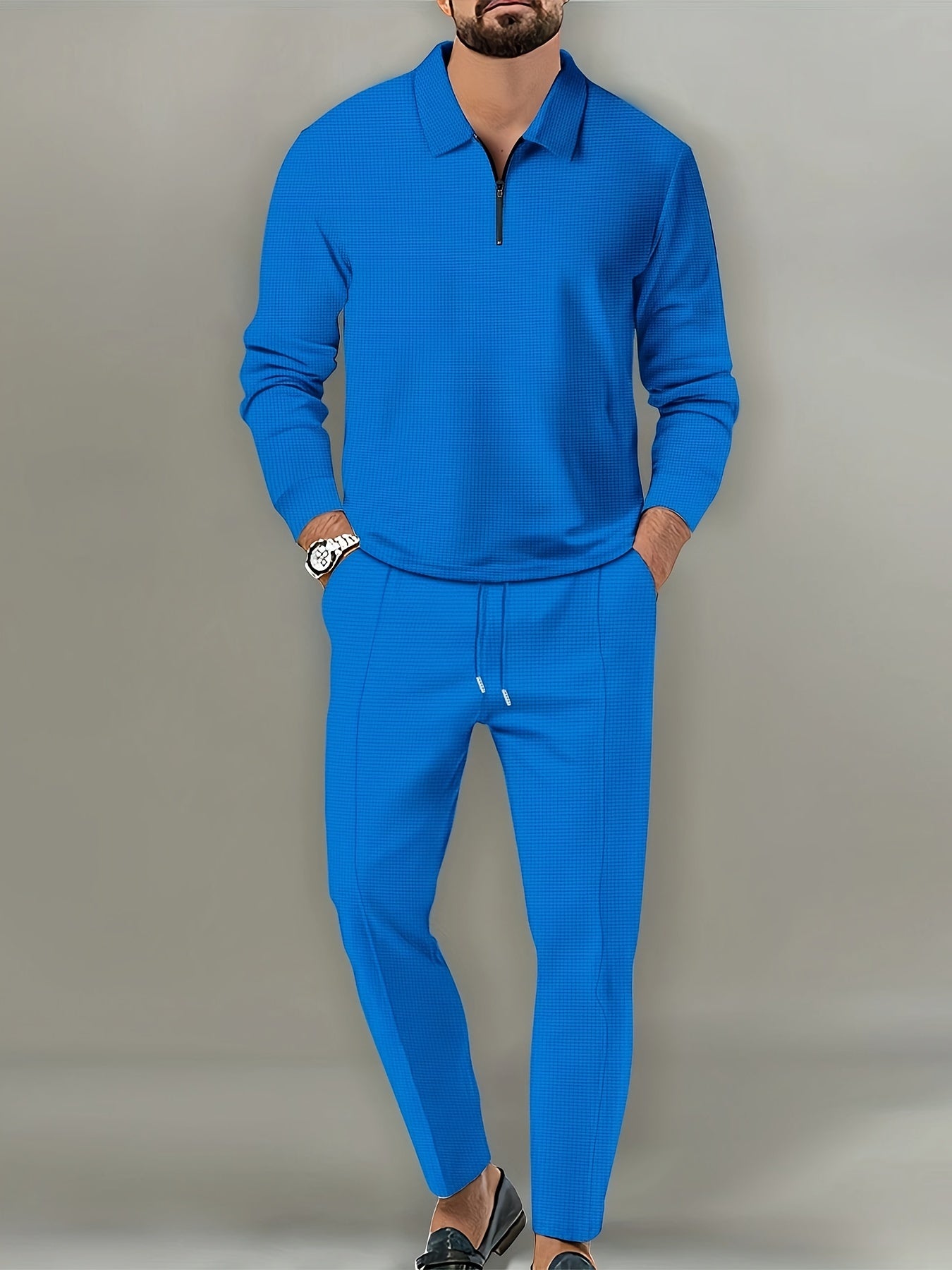 Men's 2Pcs Waffle Pattern Outfit: V Neck Shirt + Sweatpants Set for Spring/Fall