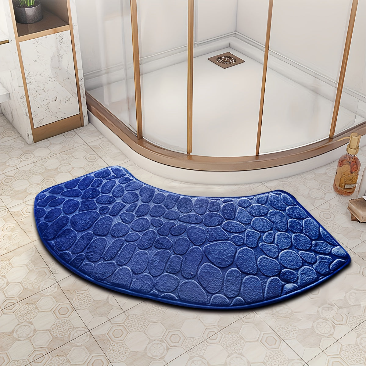 Half Round Bath Mat with Quick-Dry Absorbent Technology, Non-Slip PVC Backing, Made of Polyester with Low Pile and Machine Washable, Features Embossed Floral Design