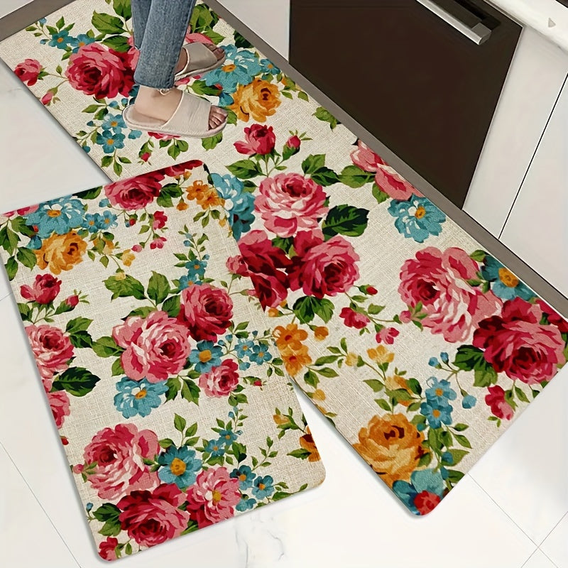 Polyester kitchen mat with floral design is non-slip, oil-proof, and waterproof. Machine washable and dirt-resistant, suitable for various rooms. Water-absorbing and decorative floor mat.