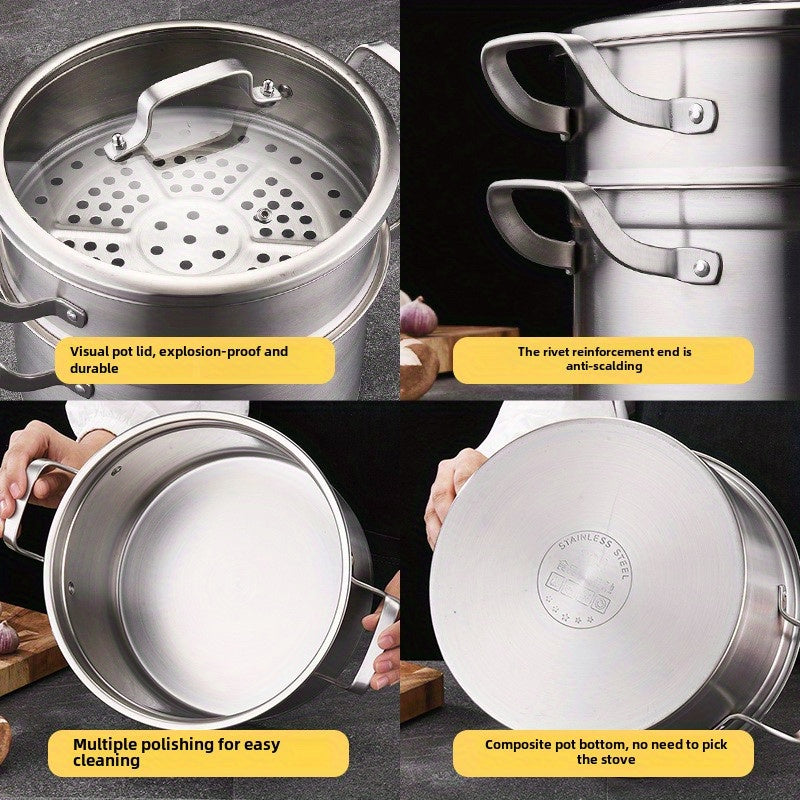 This stainless steel double boiler pot comes with a clear lid and measures 10 inches in size. It is designed for easy cleaning and features a non-stick bottom, making it ideal for both kitchen and restaurant use. The pot has a composite bottom, so it is