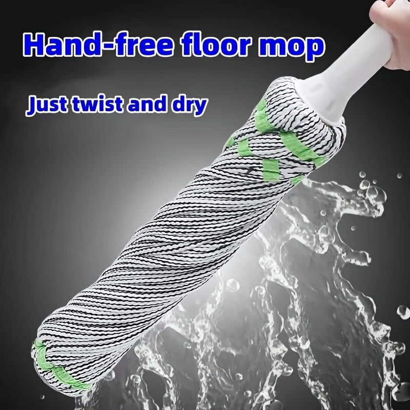 Multi-functional hands-free mop featuring self-wringing technology - ideal for cleaning living rooms, bedrooms, toilets, kitchens, and various floor surfaces. Made with a combination of metal and plastic materials.