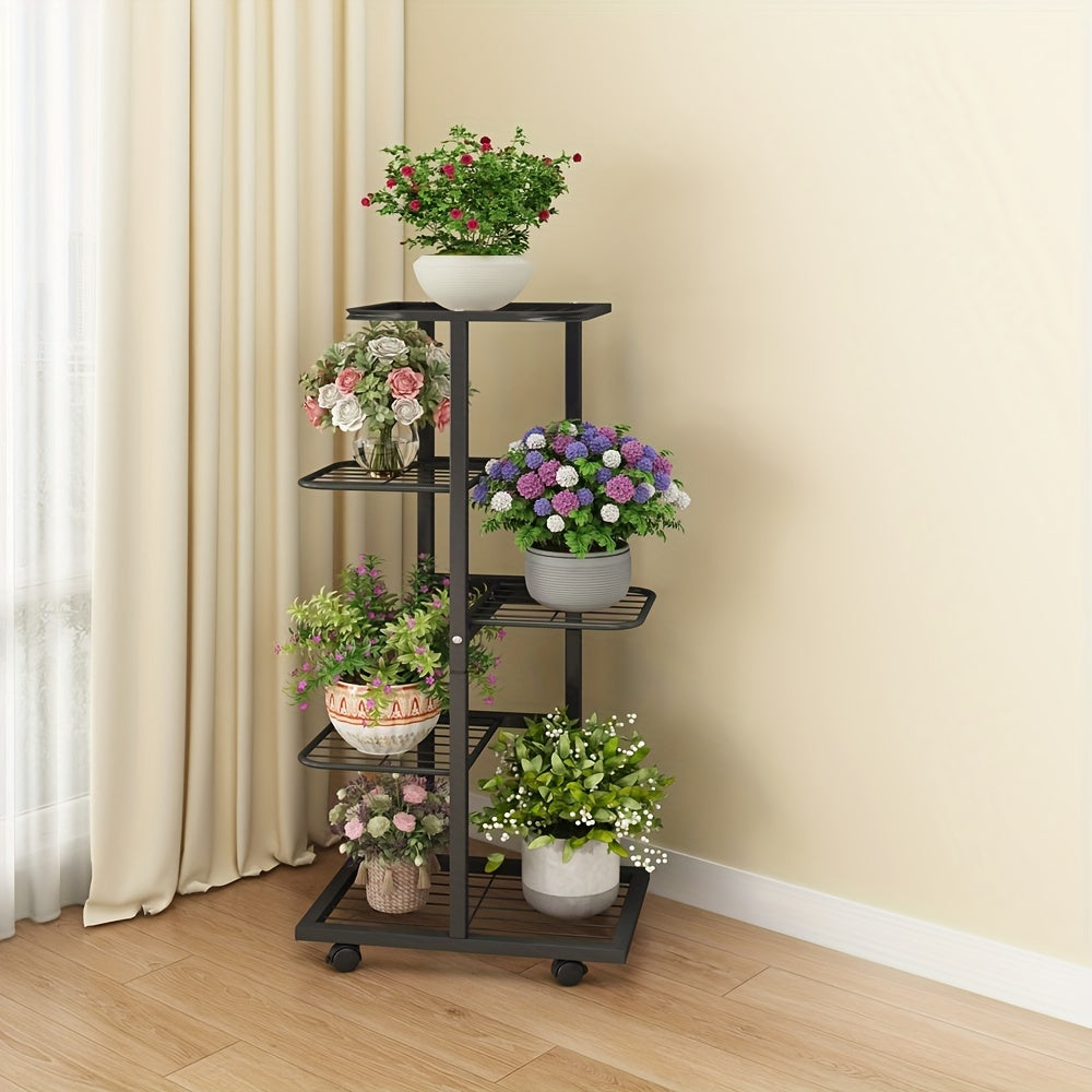 Metal plant stand on wheels with a lacquered finish and plaid pattern, featuring multi-tiered shelves for indoor or outdoor use in living areas and balcony spaces.