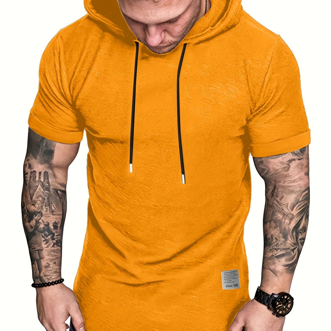 Men's plus size hooded t-shirt with short sleeves and drawstring, perfect for summer comfort.